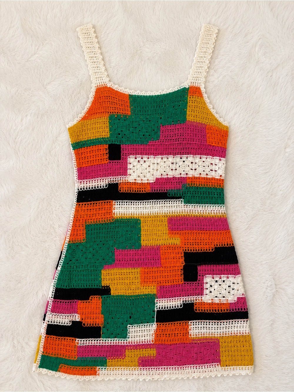 Patchwork Crochet Colour- Block Mini Dress — Size M